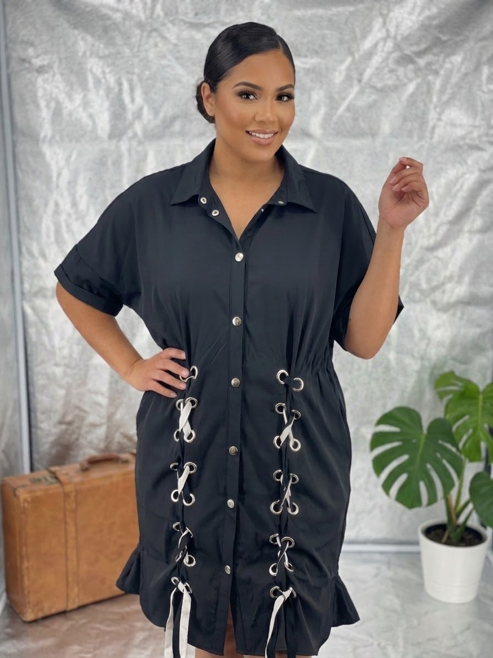 WHY DRESS Black Grommet Lace Up Snap Shirt Dress Oversized One Size L XL 2XL